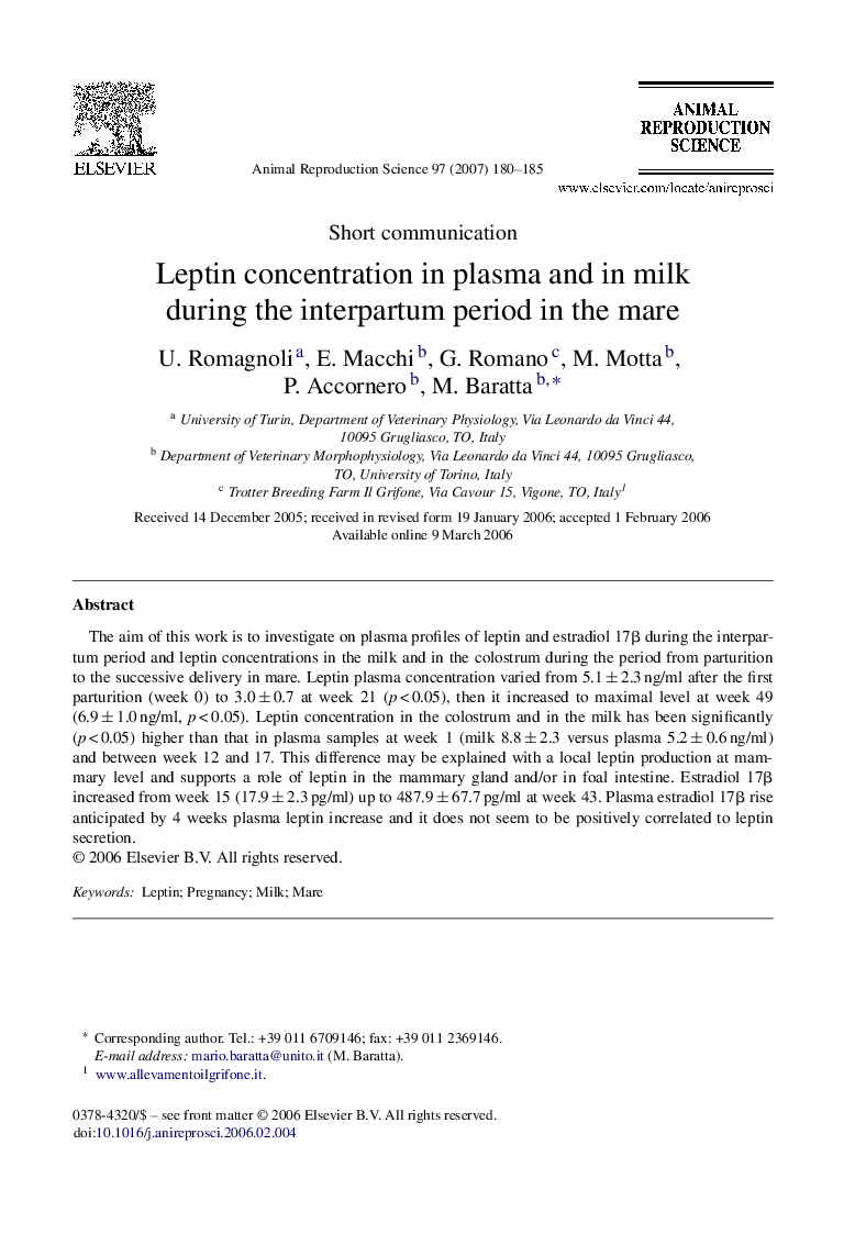 Leptin concentration in plasma and in milk during the interpartum period in the mare