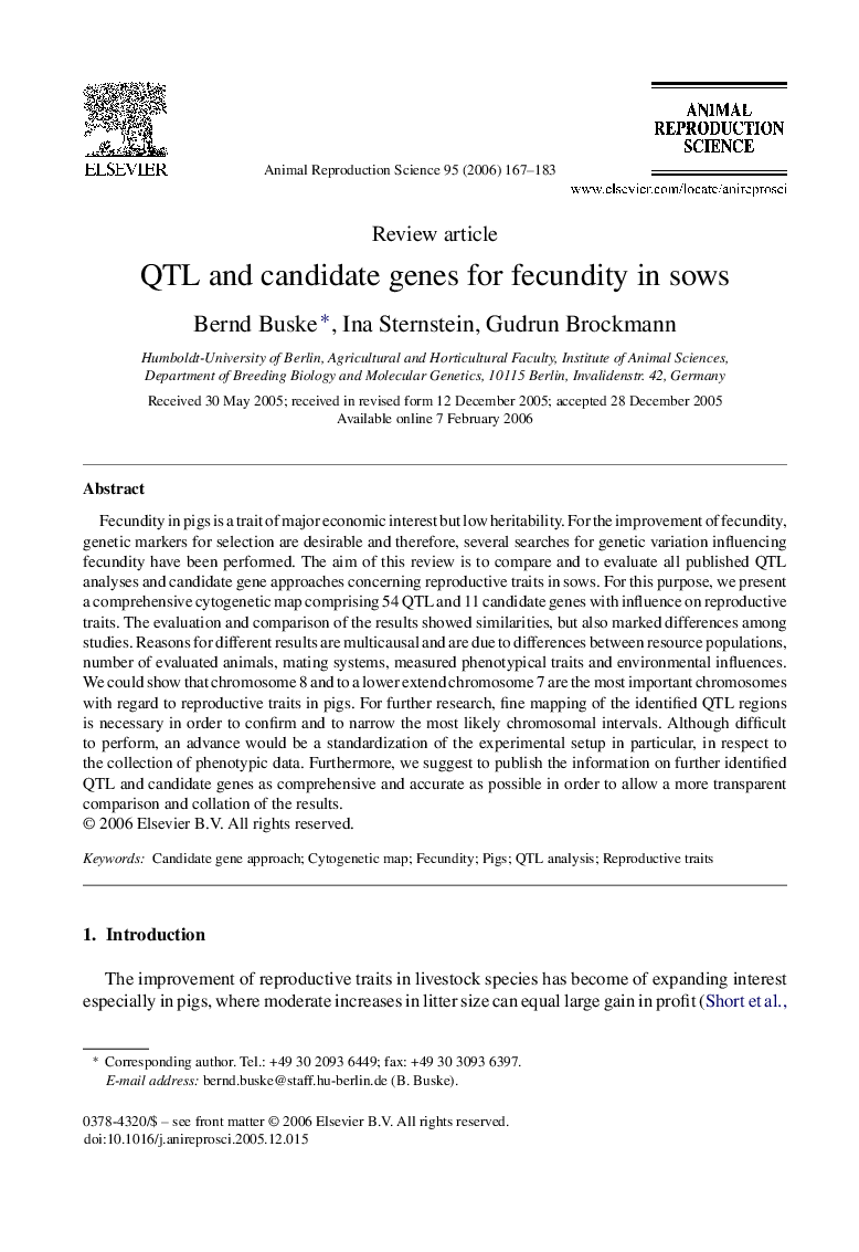 QTL and candidate genes for fecundity in sows