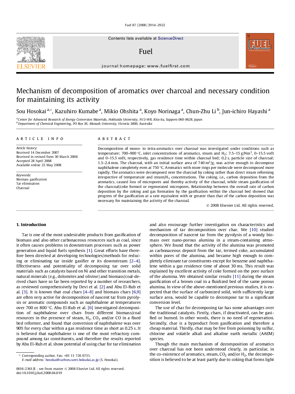 Mechanism of decomposition of aromatics over charcoal and necessary condition for maintaining its activity