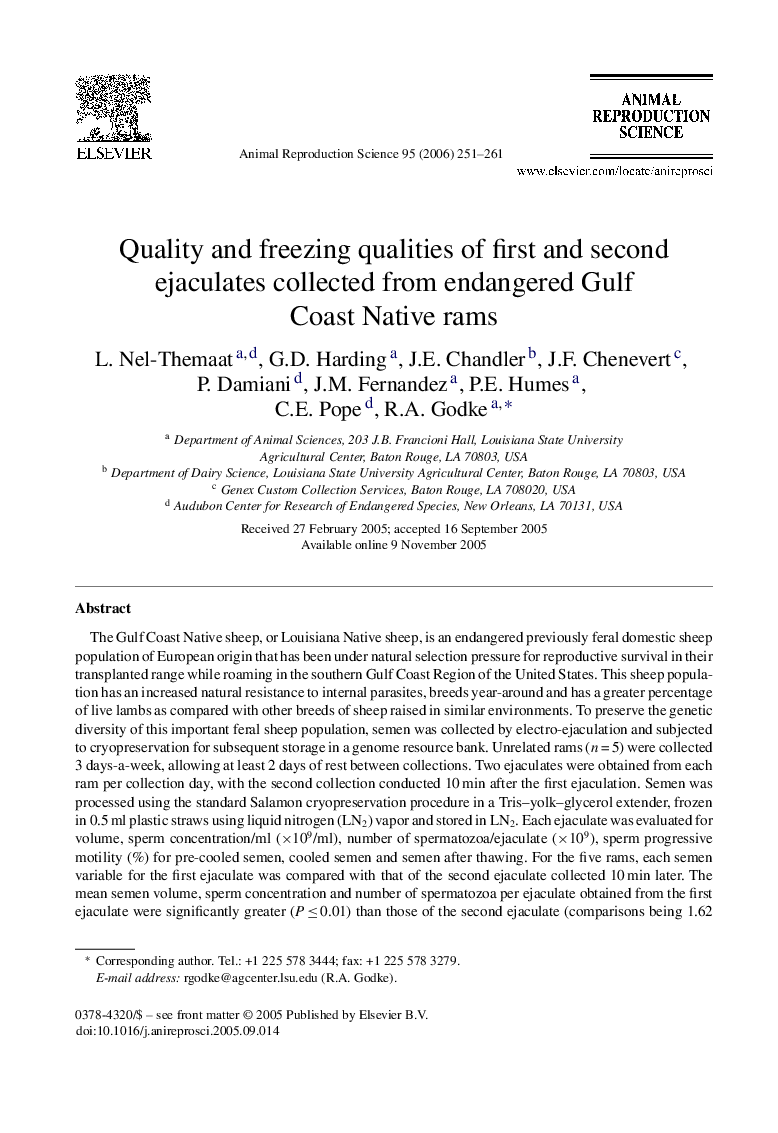 Quality and freezing qualities of first and second ejaculates collected from endangered Gulf Coast Native rams