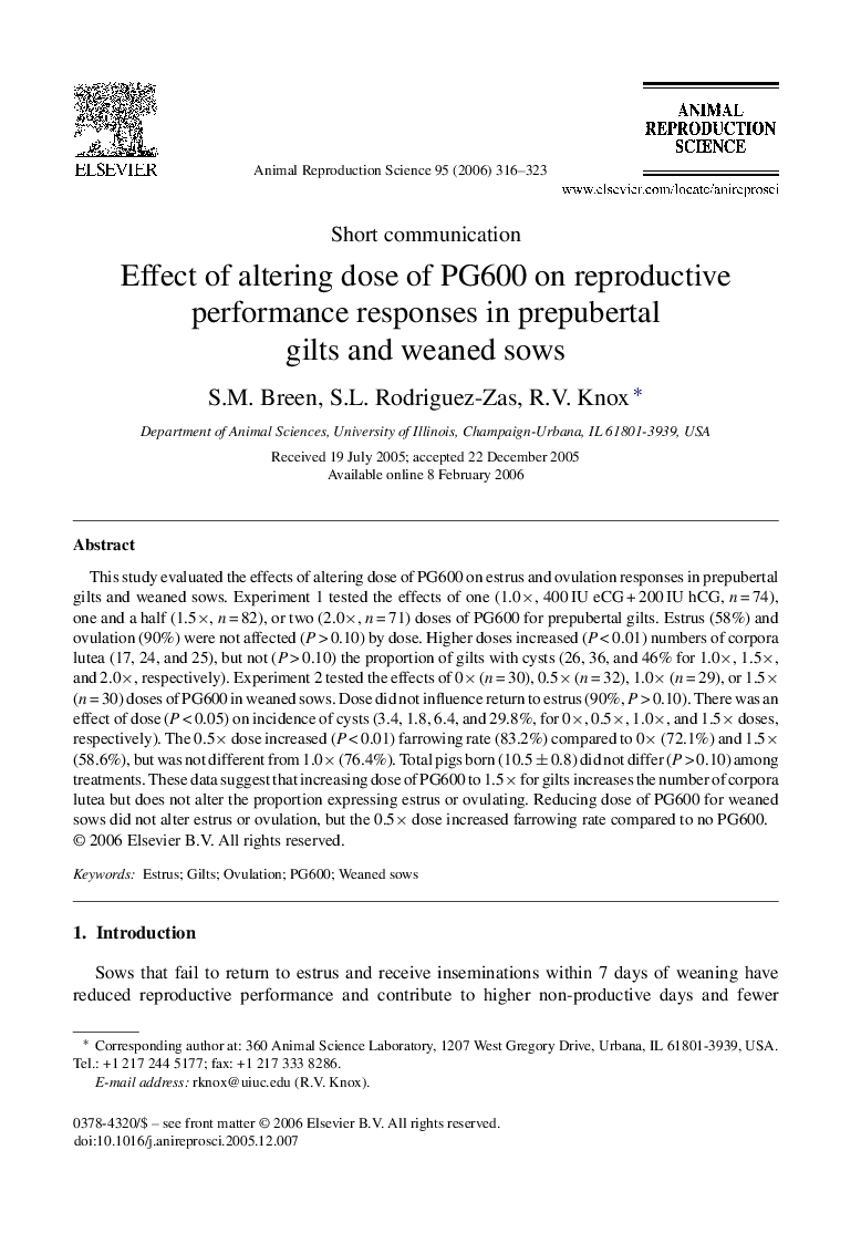 Effect of altering dose of PG600 on reproductive performance responses in prepubertal gilts and weaned sows