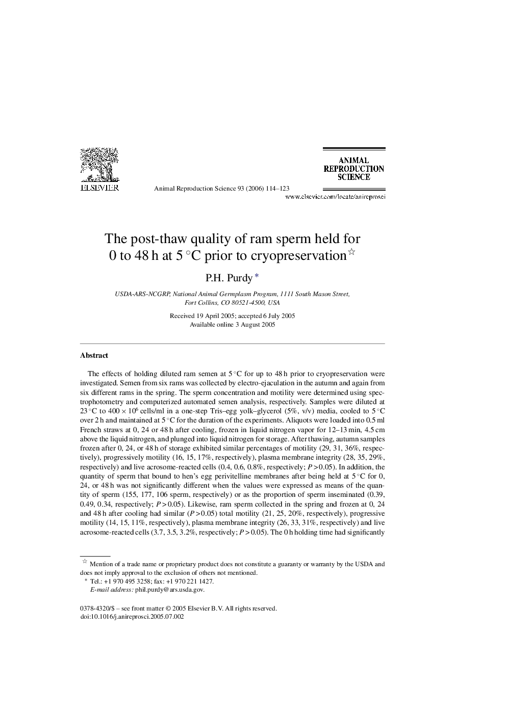 The post-thaw quality of ram sperm held for 0 to 48 h at 5 °C prior to cryopreservation 