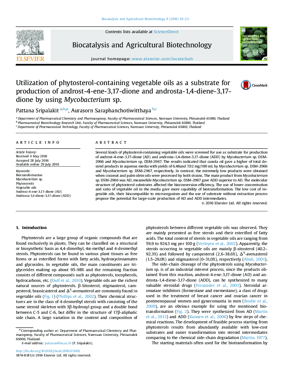 Utilization of phytosterol-containing vegetable oils as a substrate for production of androst-4-ene-3,17-dione and androsta-1,4-diene-3,17-dione by using Mycobacterium sp.