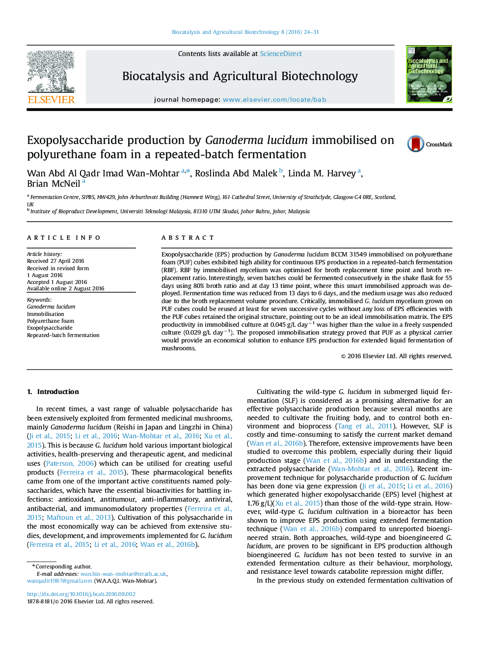 Exopolysaccharide production by Ganoderma lucidum immobilised on polyurethane foam in a repeated-batch fermentation