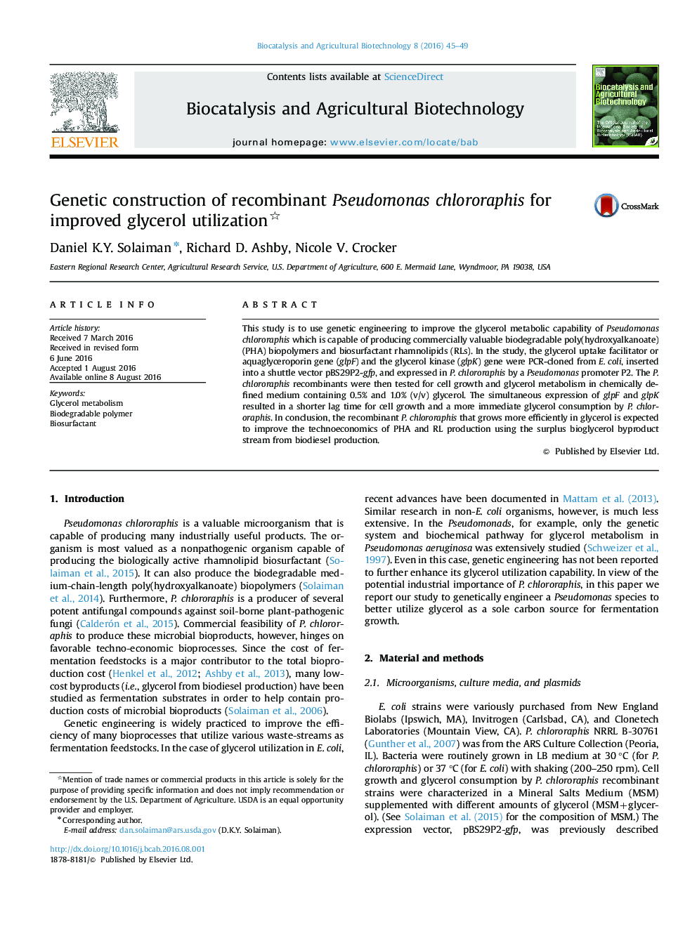 ساخت ژنتیکی chlororaphis سودوموناس نوترکیب برای استفاده بهینه از گلیسرول