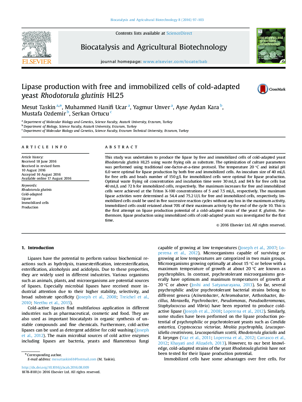 Lipase production with free and immobilized cells of cold-adapted yeast Rhodotorula glutinis HL25