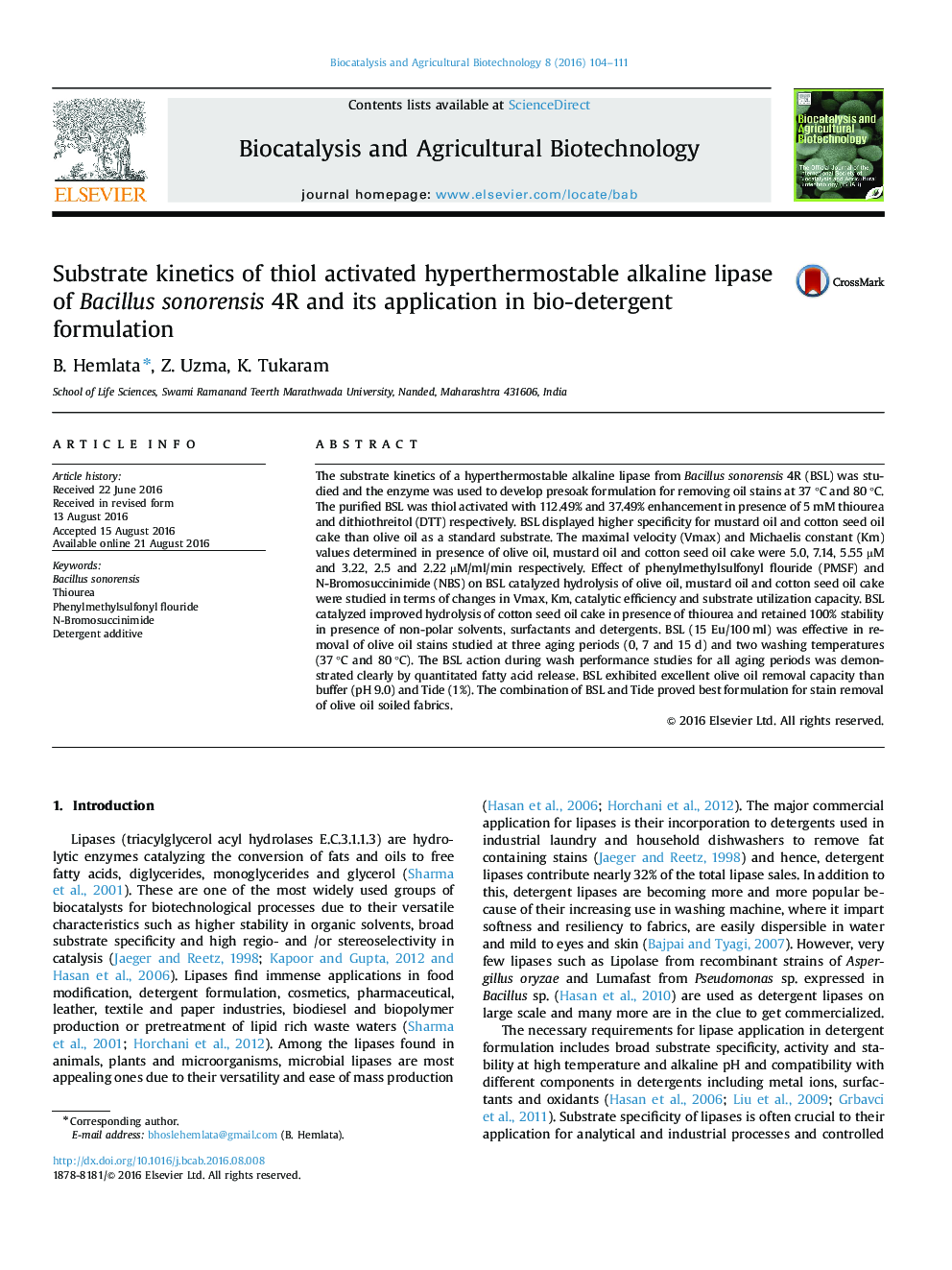 Substrate kinetics of thiol activated hyperthermostable alkaline lipase of Bacillus sonorensis 4R and its application in bio-detergent formulation