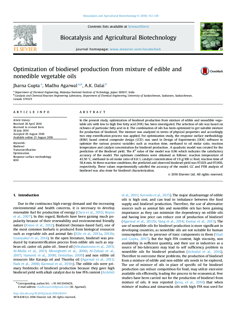 Optimization of biodiesel production from mixture of edible and nonedible vegetable oils