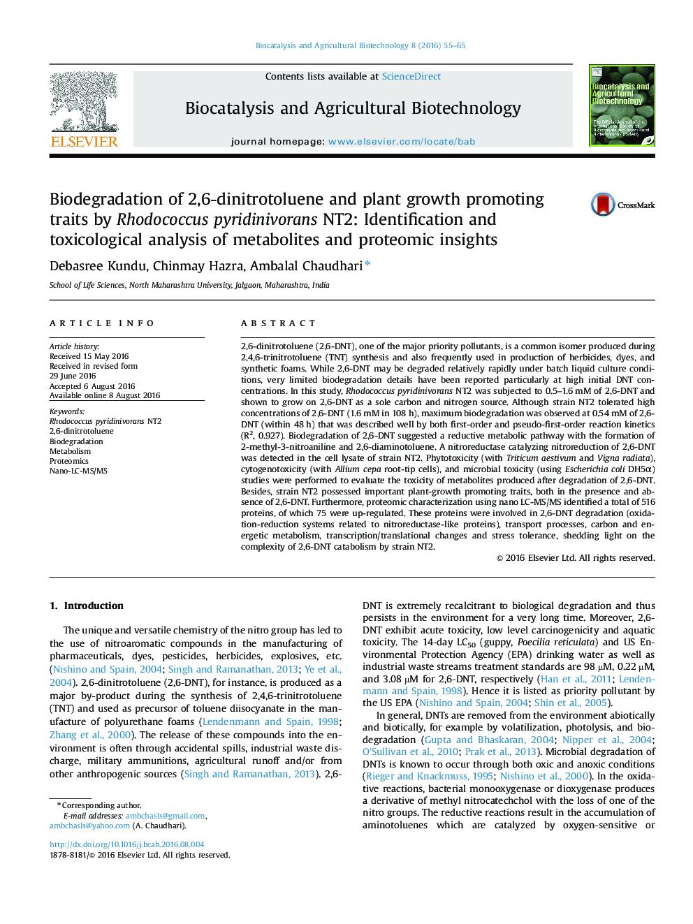 Biodegradation of 2,6-dinitrotoluene and plant growth promoting traits by Rhodococcus pyridinivorans NT2: Identification and toxicological analysis of metabolites and proteomic insights
