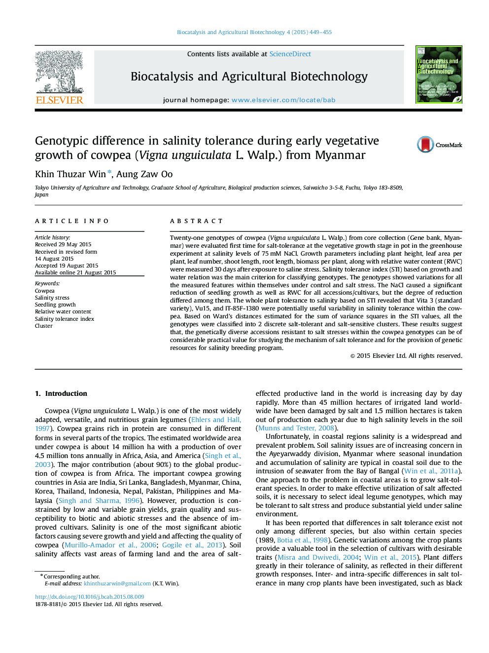 Genotypic difference in salinity tolerance during early vegetative growth of cowpea (Vigna unguiculata L. Walp.) from Myanmar