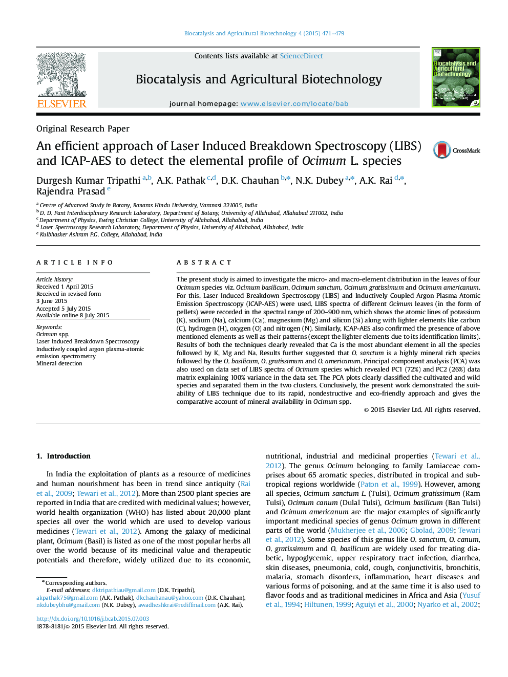 An efficient approach of Laser Induced Breakdown Spectroscopy (LIBS) and ICAP-AES to detect the elemental profile of Ocimum L. species