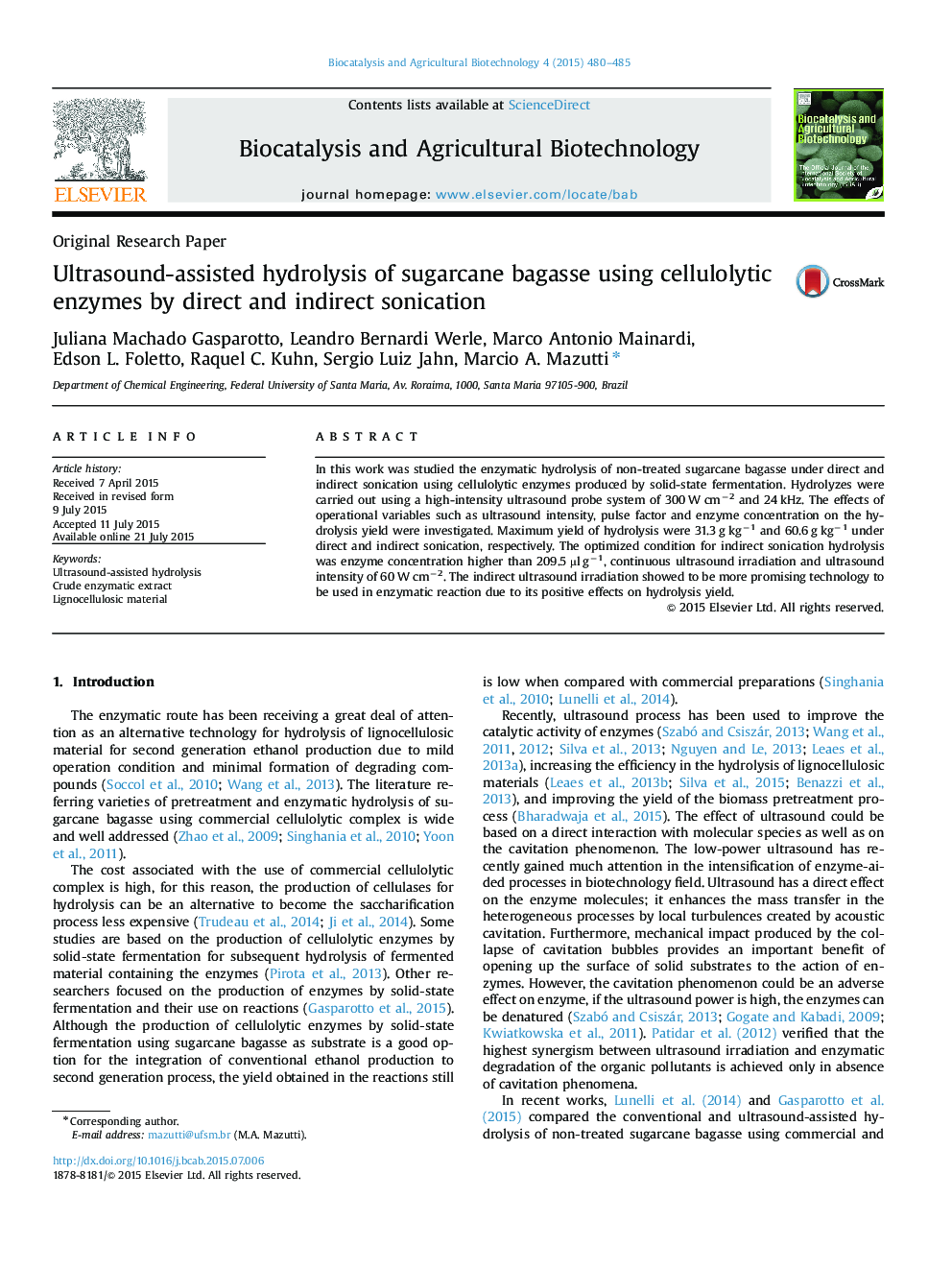 Ultrasound-assisted hydrolysis of sugarcane bagasse using cellulolytic enzymes by direct and indirect sonication