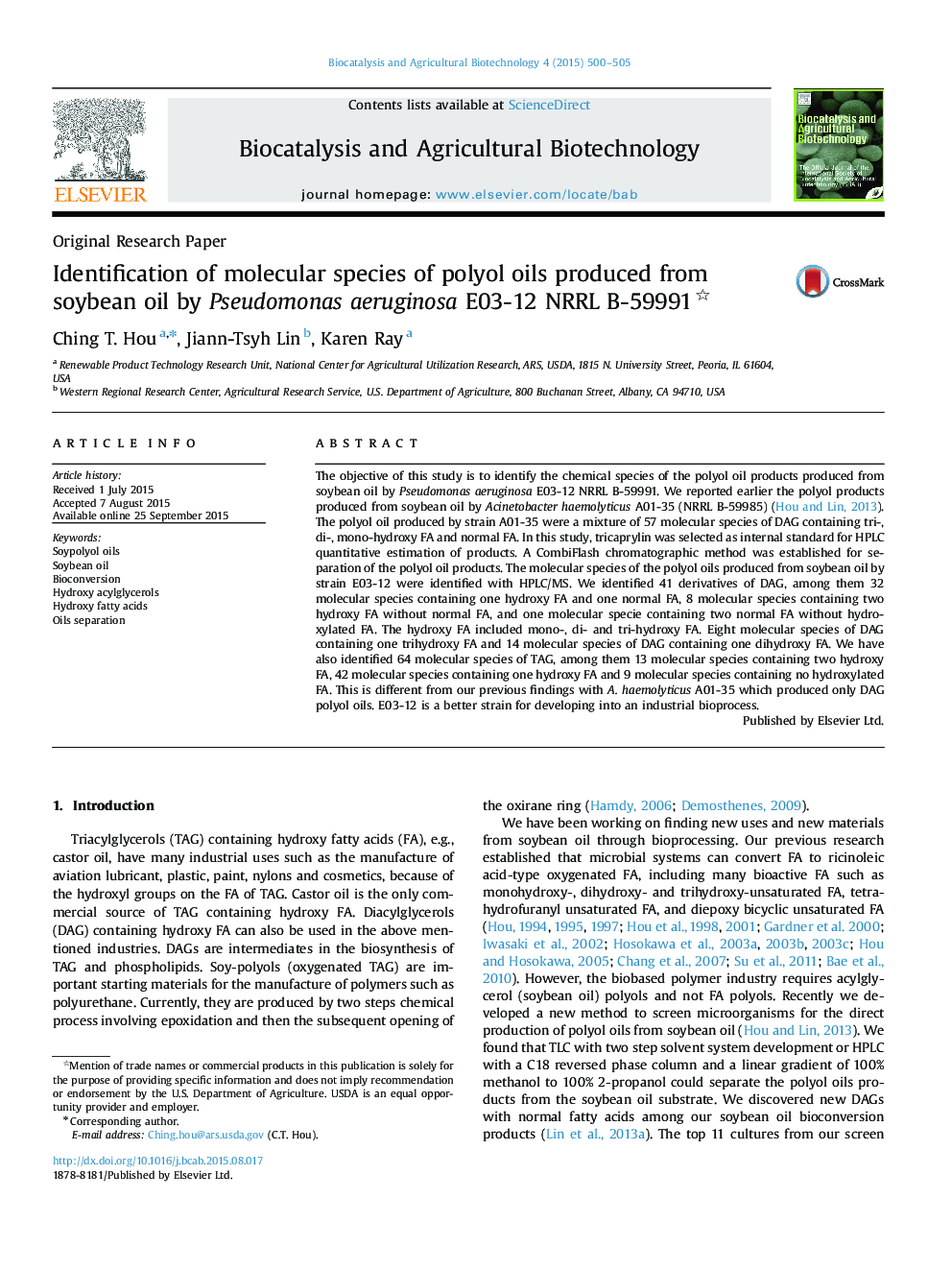 Identification of molecular species of polyol oils produced from soybean oil by Pseudomonas aeruginosa E03-12 NRRL B-59991 