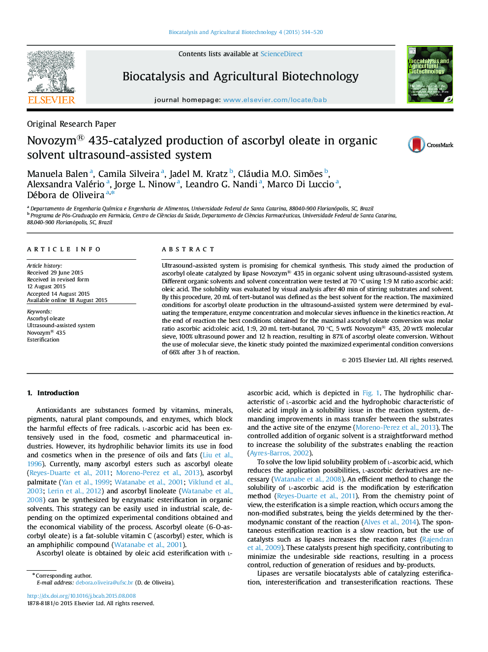 Novozym® 435-catalyzed production of ascorbyl oleate in organic solvent ultrasound-assisted system