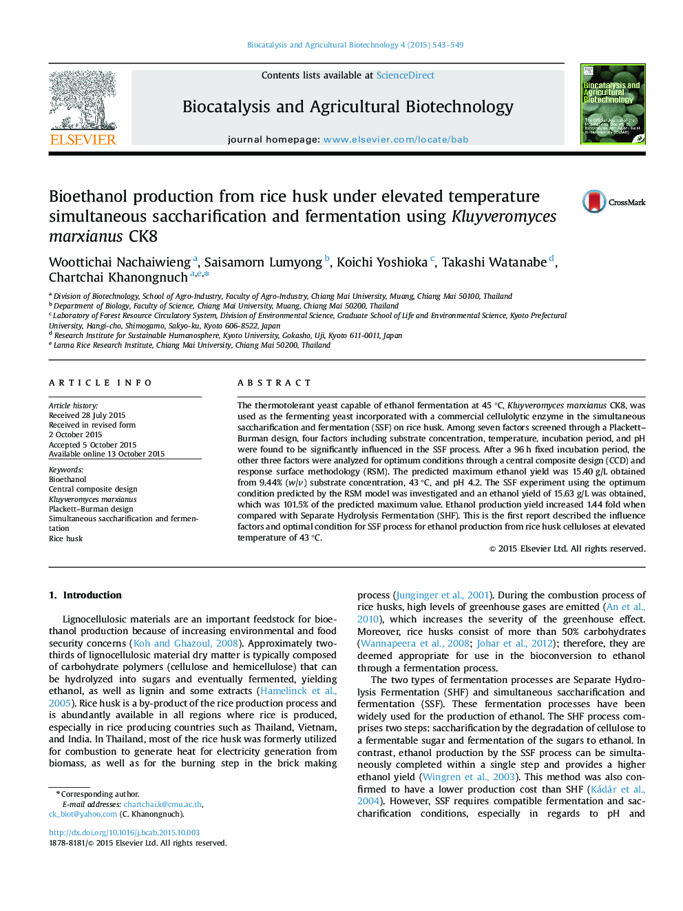 Bioethanol production from rice husk under elevated temperature simultaneous saccharification and fermentation using Kluyveromyces marxianus CK8