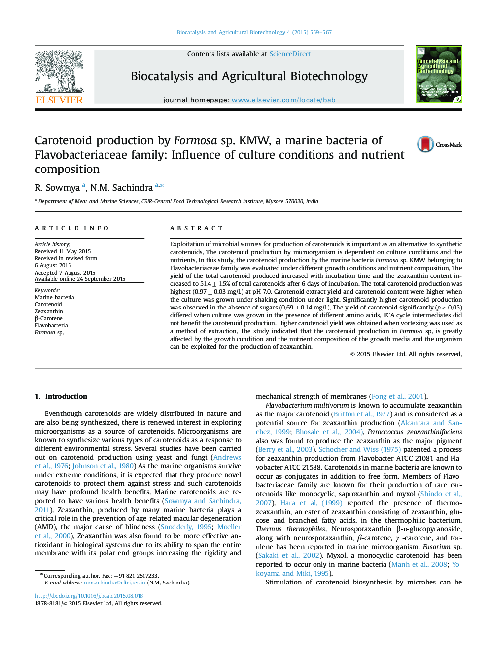 Carotenoid production by Formosa sp. KMW, a marine bacteria of Flavobacteriaceae family: Influence of culture conditions and nutrient composition