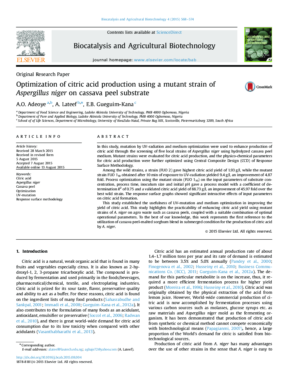 Optimization of citric acid production using a mutant strain of Aspergillus niger on cassava peel substrate