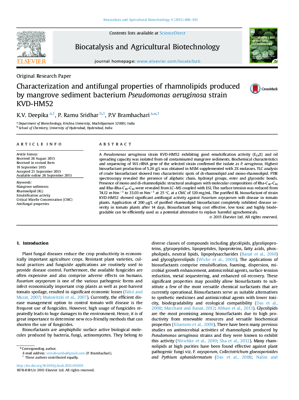 Characterization and antifungal properties of rhamnolipids produced by mangrove sediment bacterium Pseudomonas aeruginosa strain KVD-HM52