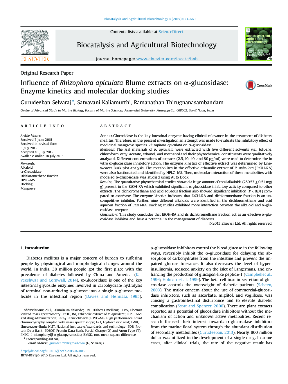 Influence of Rhizophora apiculata Blume extracts on α-glucosidase: Enzyme kinetics and molecular docking studies