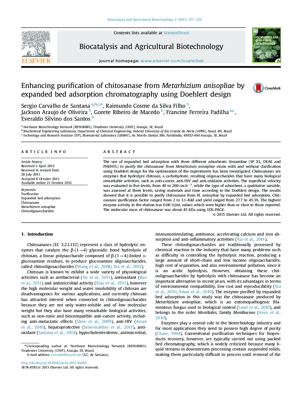 Enhancing purification of chitosanase from Metarhizium anisopliae by expanded bed adsorption chromatography using Doehlert design