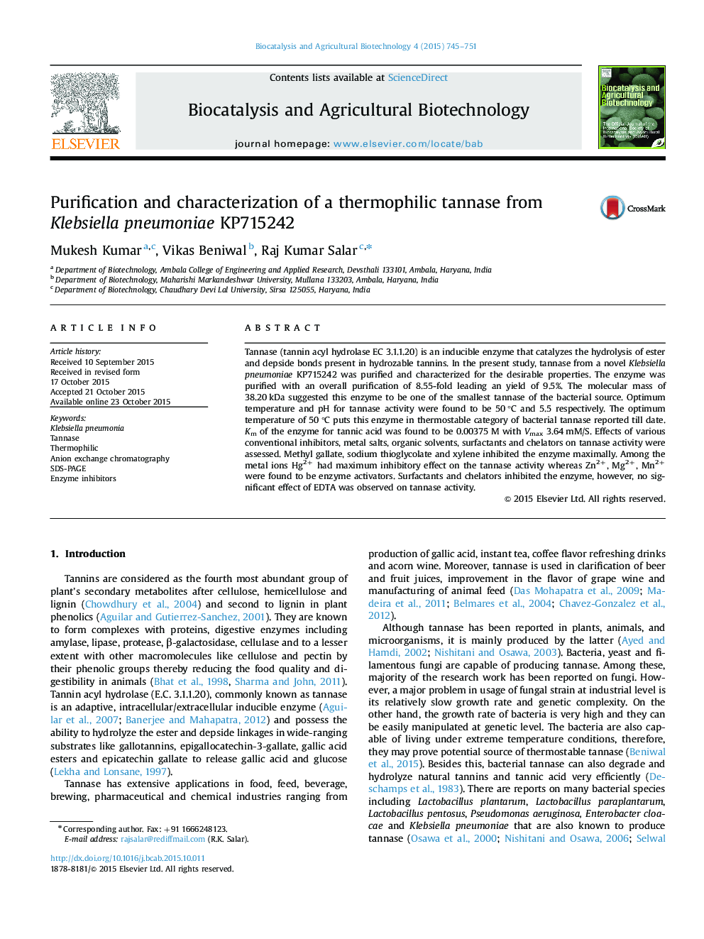 Purification and characterization of a thermophilic tannase from Klebsiella pneumoniae KP715242