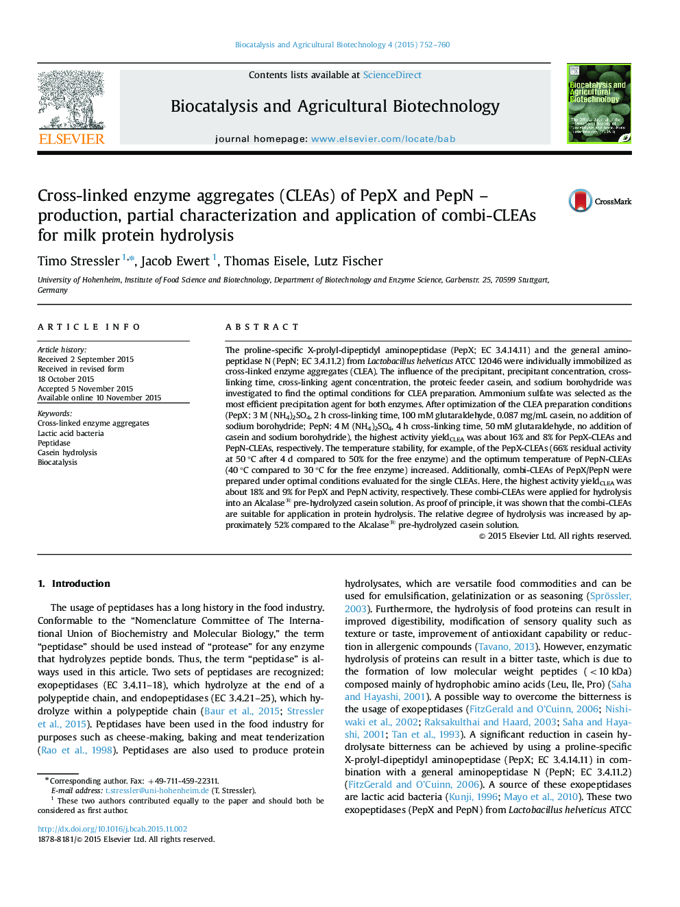 Cross-linked enzyme aggregates (CLEAs) of PepX and PepN – production, partial characterization and application of combi-CLEAs for milk protein hydrolysis