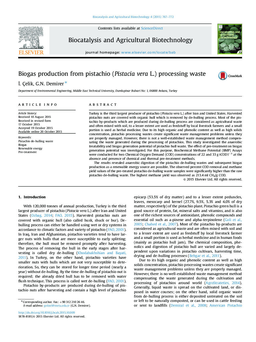 Biogas production from pistachio (Pistacia vera L.) processing waste