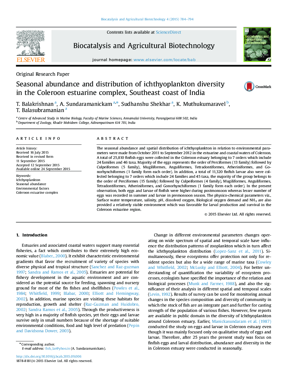Seasonal abundance and distribution of ichthyoplankton diversity in the Coleroon estuarine complex, Southeast coast of India