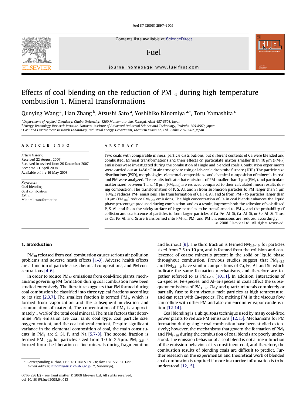 Effects of coal blending on the reduction of PM10 during high-temperature combustion 1. Mineral transformations