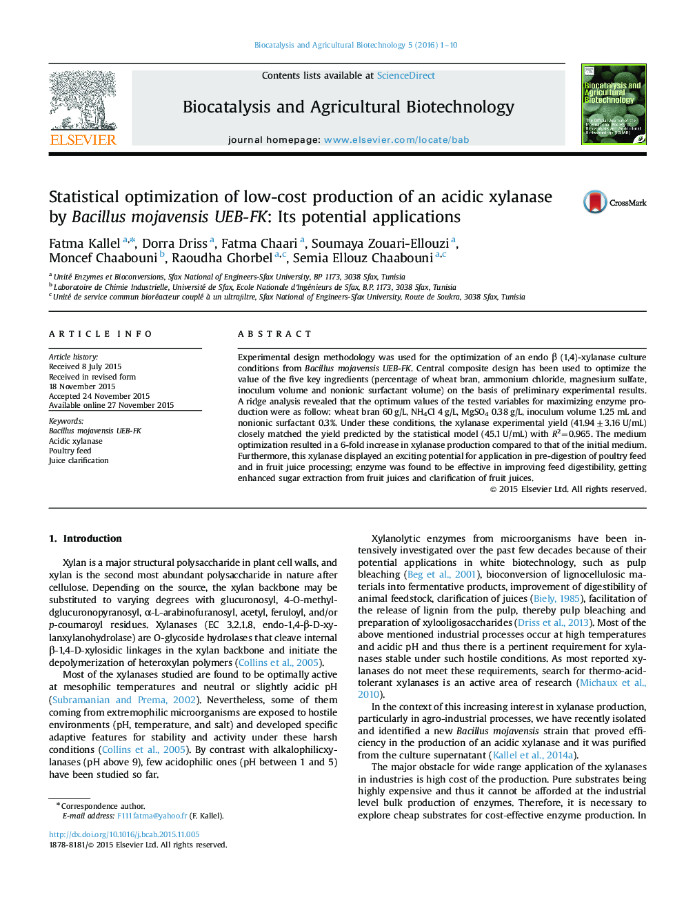 Statistical optimization of low-cost production of an acidic xylanase by Bacillus mojavensis UEB-FK: Its potential applications