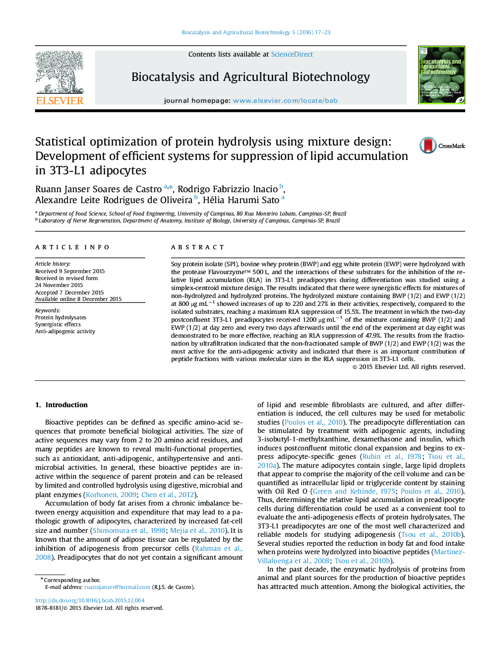 Statistical optimization of protein hydrolysis using mixture design: Development of efficient systems for suppression of lipid accumulation in 3T3-L1 adipocytes