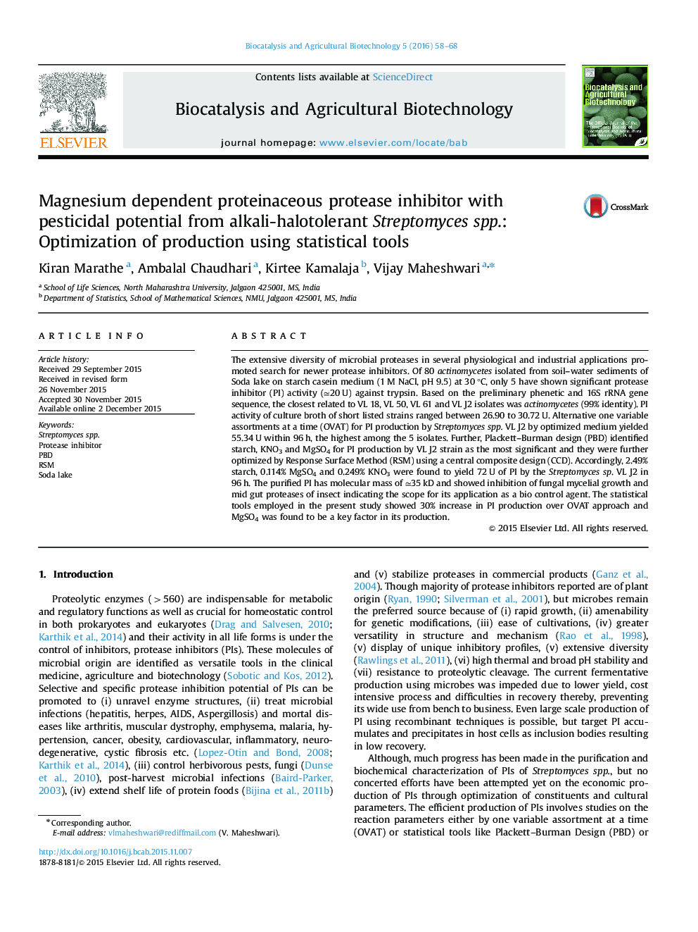 Magnesium dependent proteinaceous protease inhibitor with pesticidal potential from alkali-halotolerant Streptomyces spp.: Optimization of production using statistical tools