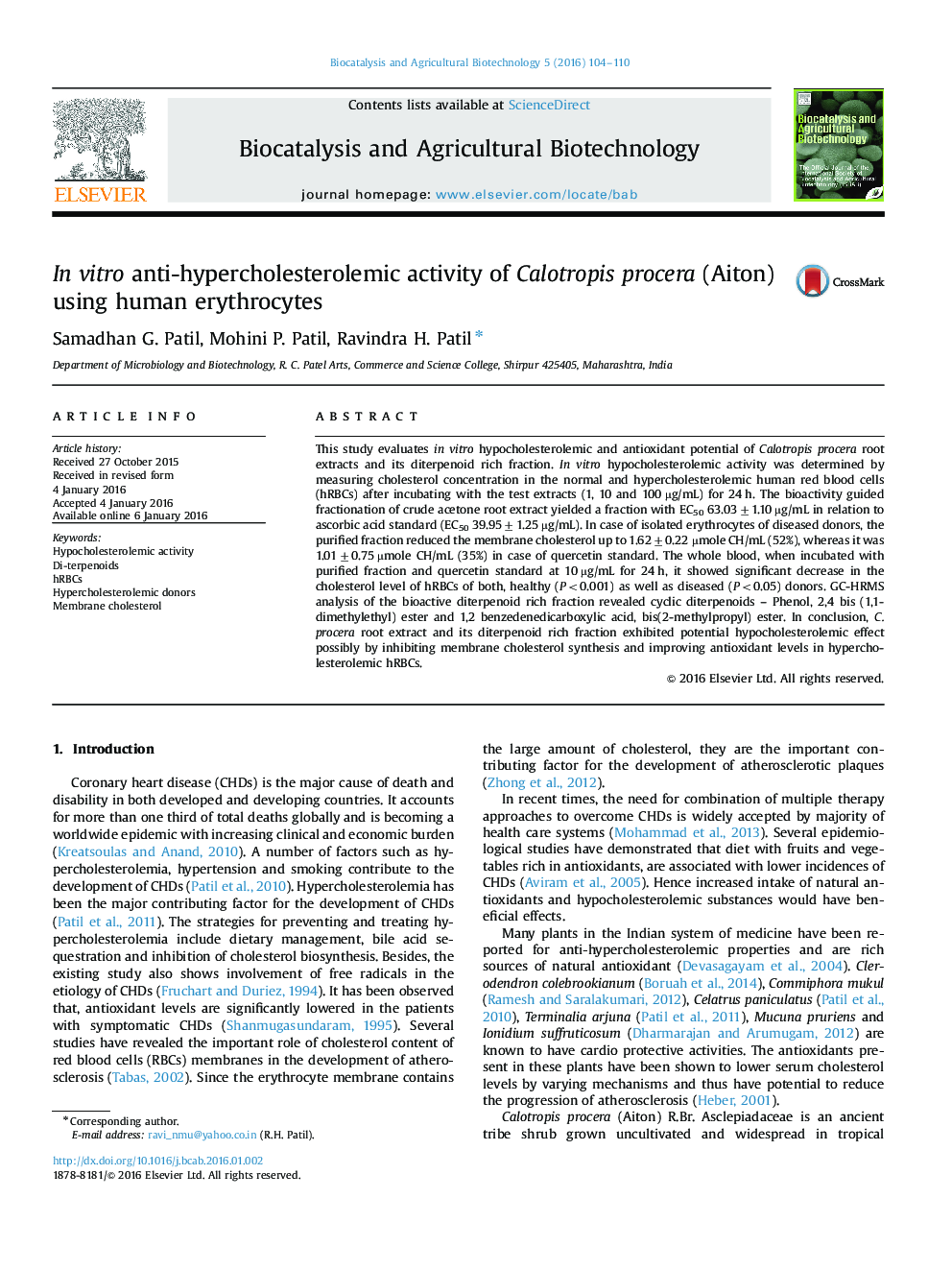 In vitro anti-hypercholesterolemic activity of Calotropis procera (Aiton) using human erythrocytes