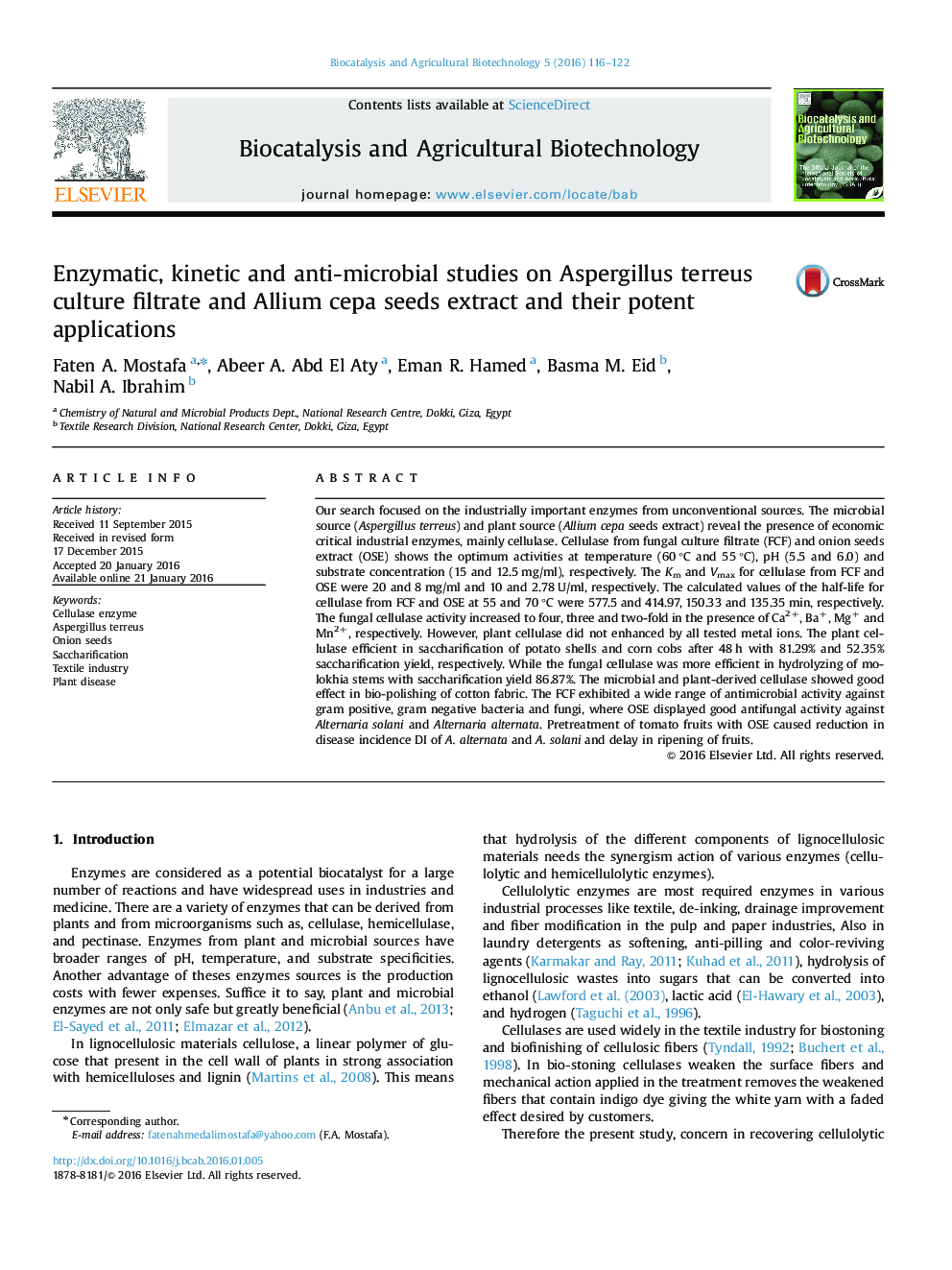 Enzymatic, kinetic and anti-microbial studies on Aspergillus terreus culture filtrate and Allium cepa seeds extract and their potent applications