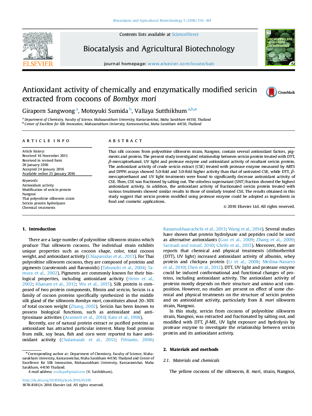 Antioxidant activity of chemically and enzymatically modified sericin extracted from cocoons of Bombyx mori