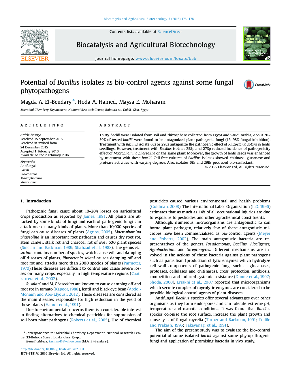 Potential of Bacillus isolates as bio-control agents against some fungal phytopathogens