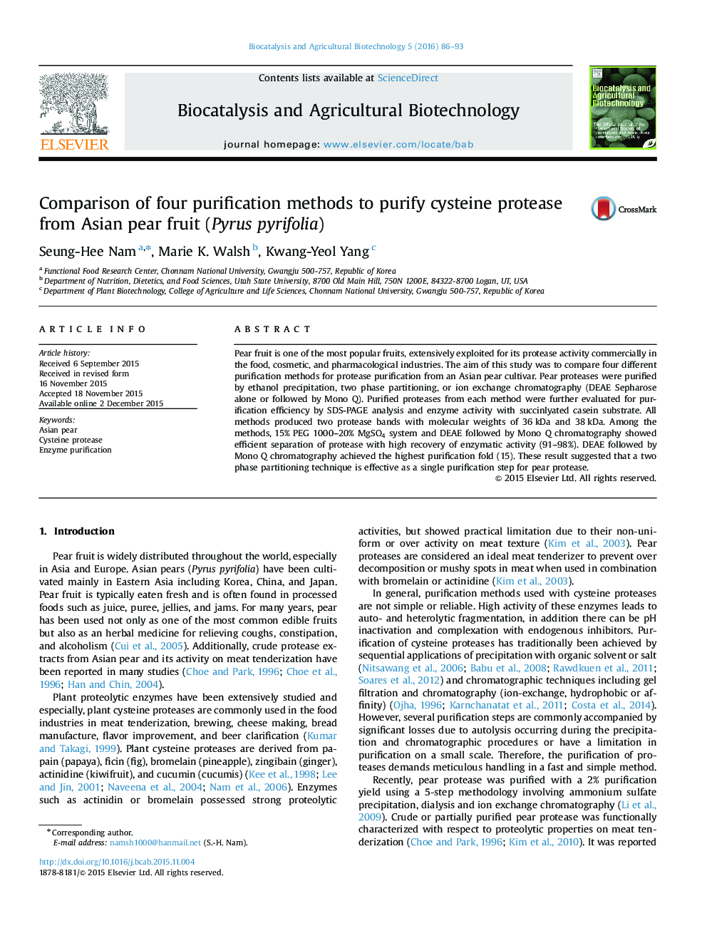 Comparison of four purification methods to purify cysteine protease from Asian pear fruit (Pyrus pyrifolia)