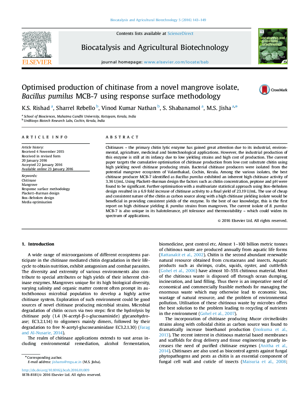 Optimised production of chitinase from a novel mangrove isolate, Bacillus pumilus MCB-7 using response surface methodology