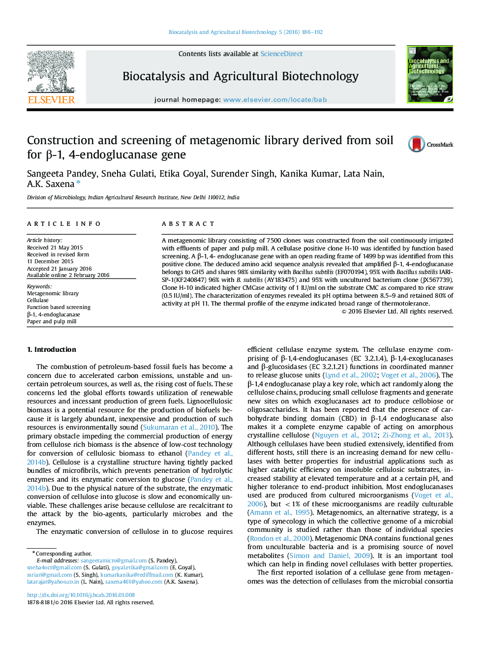 Construction and screening of metagenomic library derived from soil for β-1, 4-endoglucanase gene