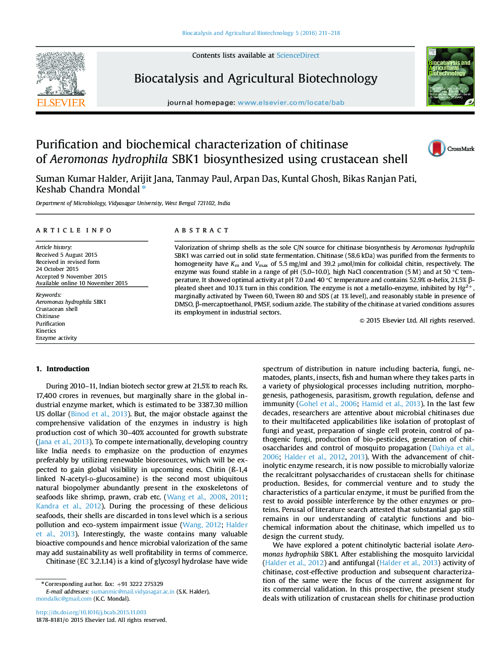 Purification and biochemical characterization of chitinase of Aeromonas hydrophila SBK1 biosynthesized using crustacean shell