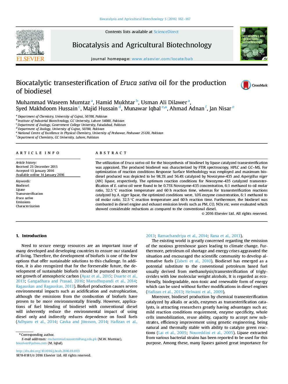 Biocatalytic transesterification of Eruca sativa oil for the production of biodiesel