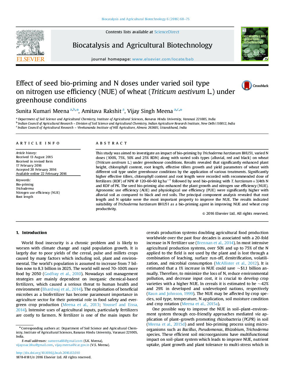 Effect of seed bio-priming and N doses under varied soil type on nitrogen use efficiency (NUE) of wheat (Triticum aestivum L.) under greenhouse conditions