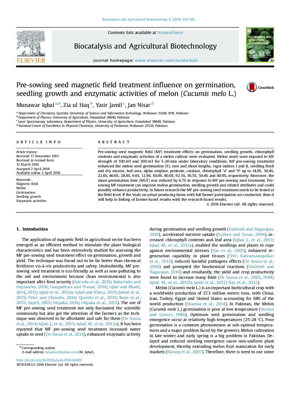 Pre-sowing seed magnetic field treatment influence on germination, seedling growth and enzymatic activities of melon (Cucumis melo L.)