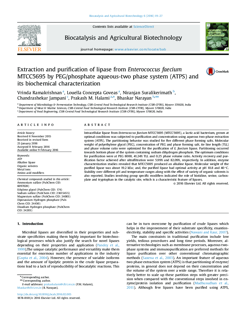 Extraction and purification of lipase from Enterococcus faecium MTCC5695 by PEG/phosphate aqueous-two phase system (ATPS) and its biochemical characterization