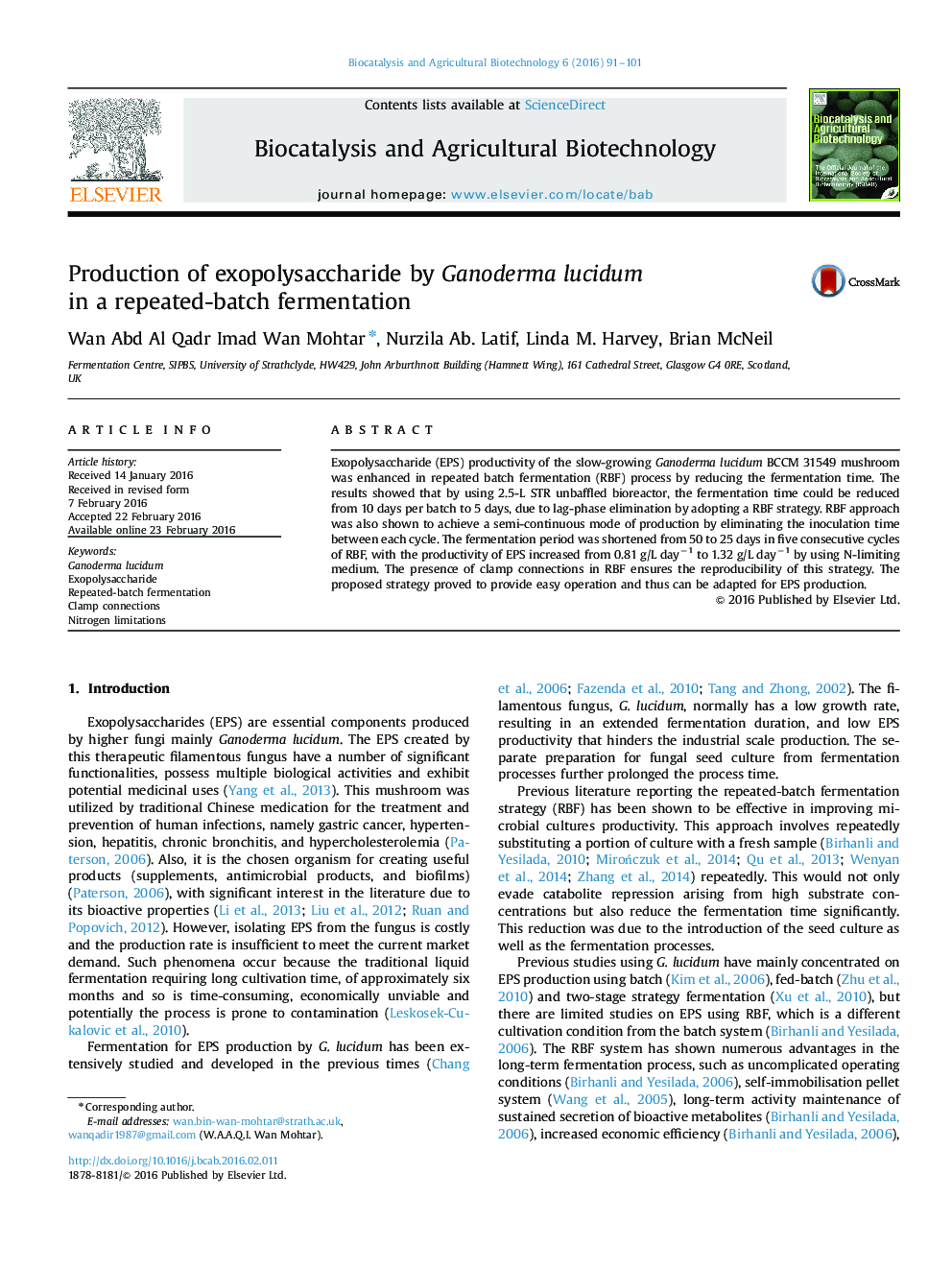 Production of exopolysaccharide by Ganoderma lucidum in a repeated-batch fermentation