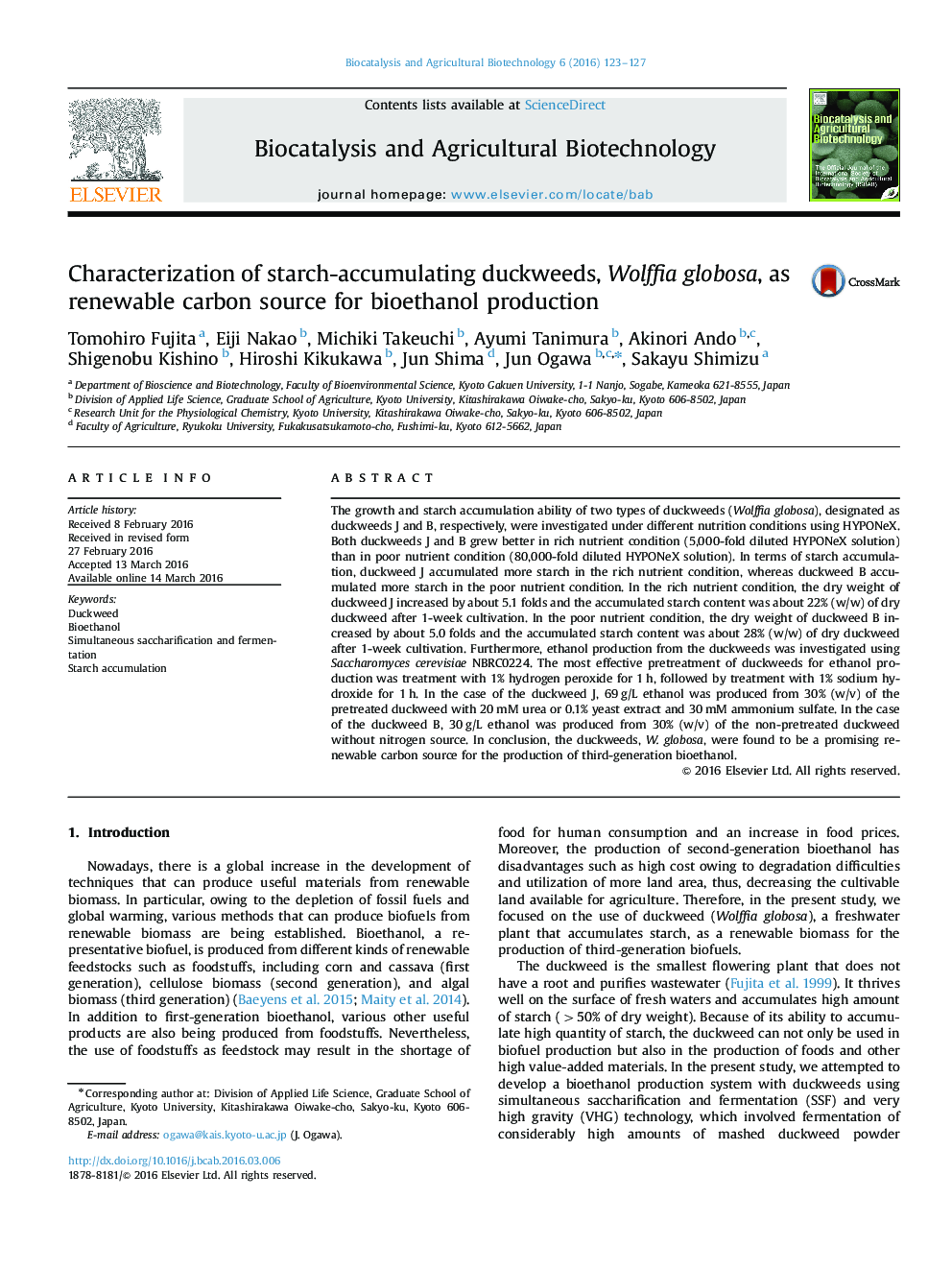 Characterization of starch-accumulating duckweeds, Wolffia globosa, as renewable carbon source for bioethanol production