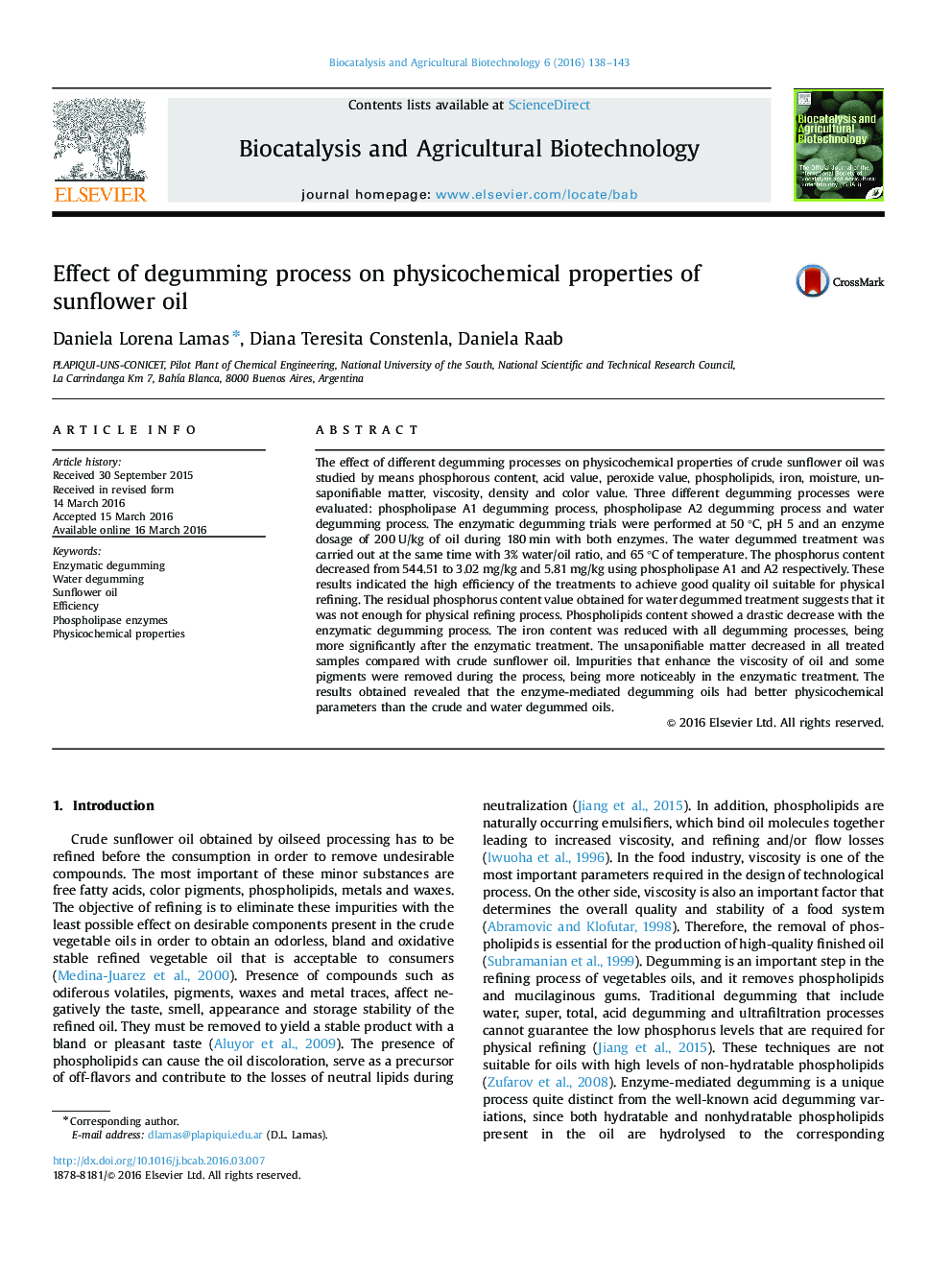 Effect of degumming process on physicochemical properties of sunflower oil