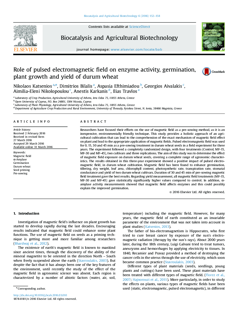 Role of pulsed electromagnetic field on enzyme activity, germination, plant growth and yield of durum wheat