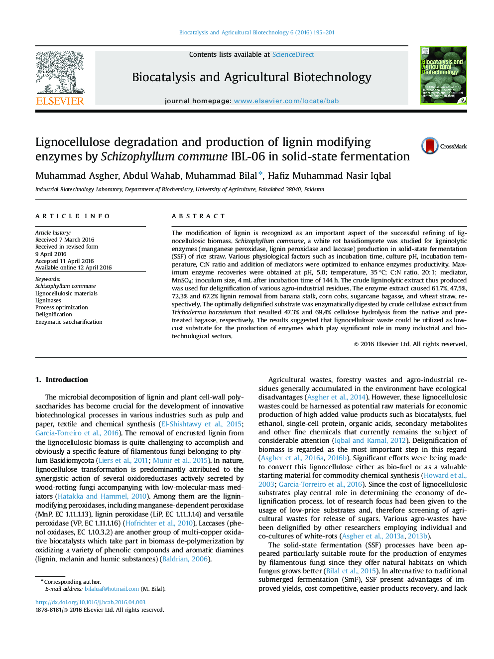 Lignocellulose degradation and production of lignin modifying enzymes by Schizophyllum commune IBL-06 in solid-state fermentation