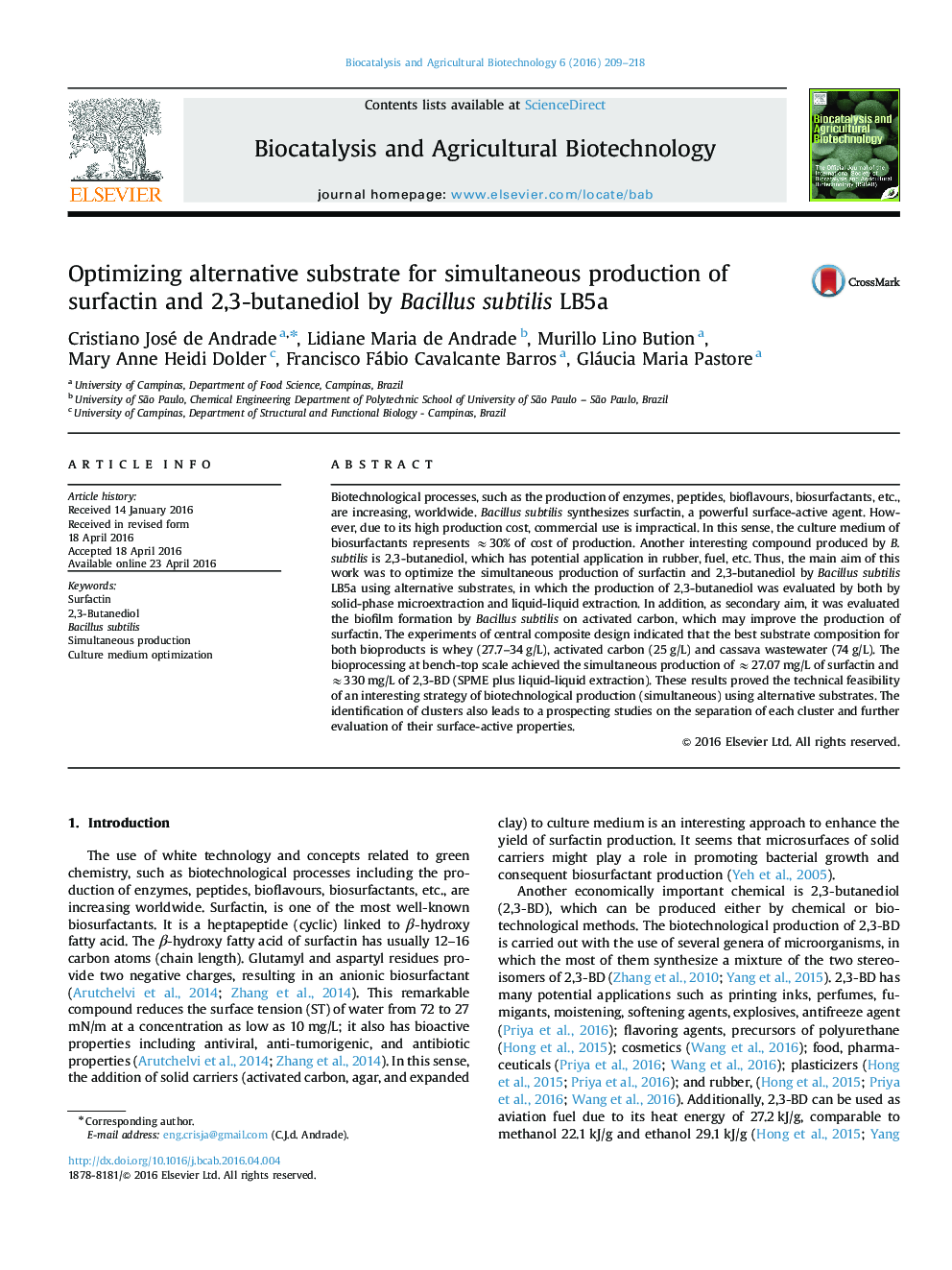 Optimizing alternative substrate for simultaneous production of surfactin and 2,3-butanediol by Bacillus subtilis LB5a